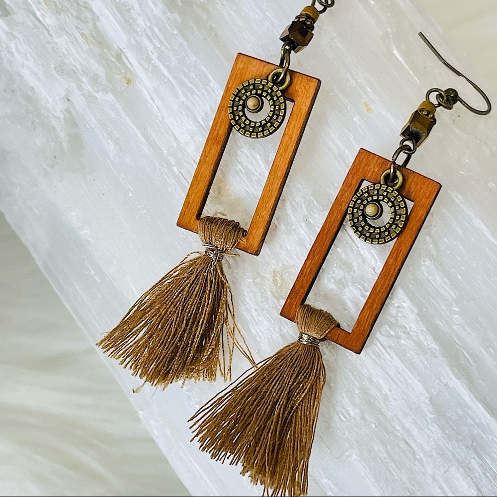 Wooden EARRINGS Open Rectangular hanging TASSEL earrings BOHO CHIC multi texture